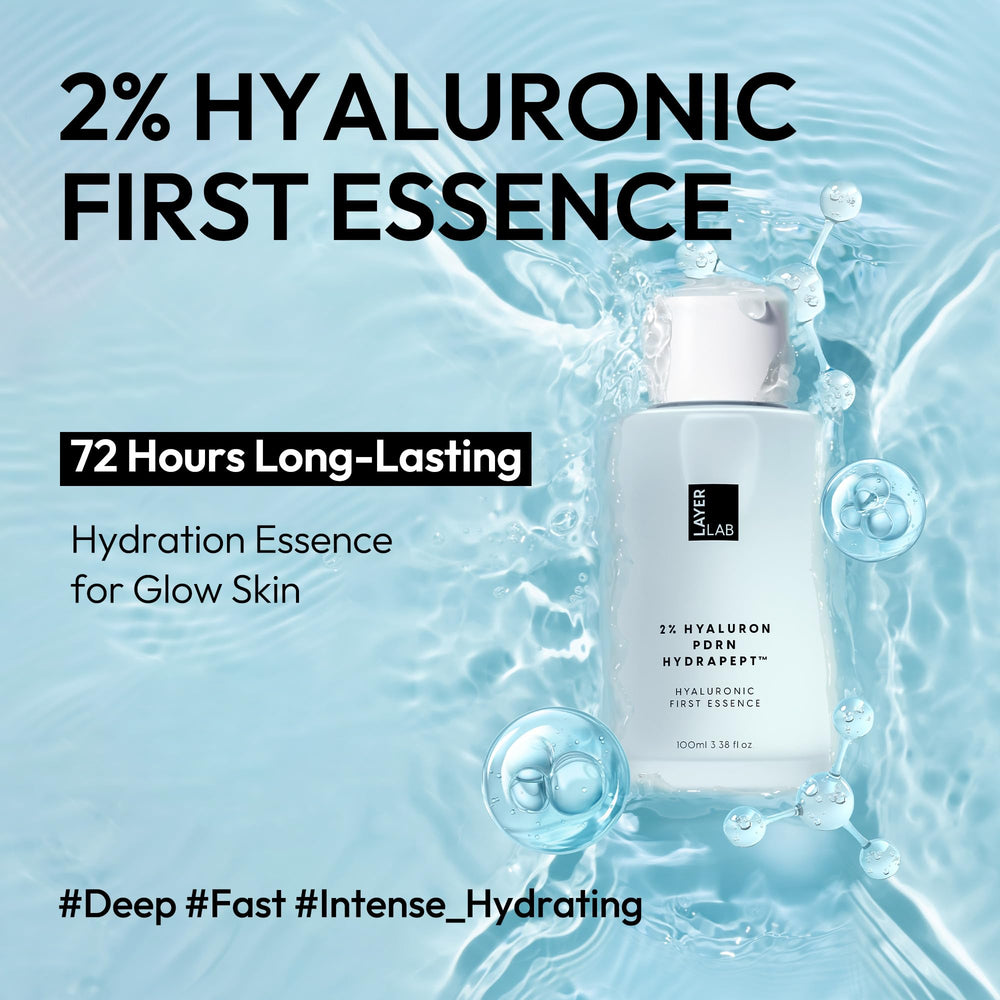 LAYERLAB Hyaluronic First Essence dropper closeup enables precise dosing for hydrated skin.