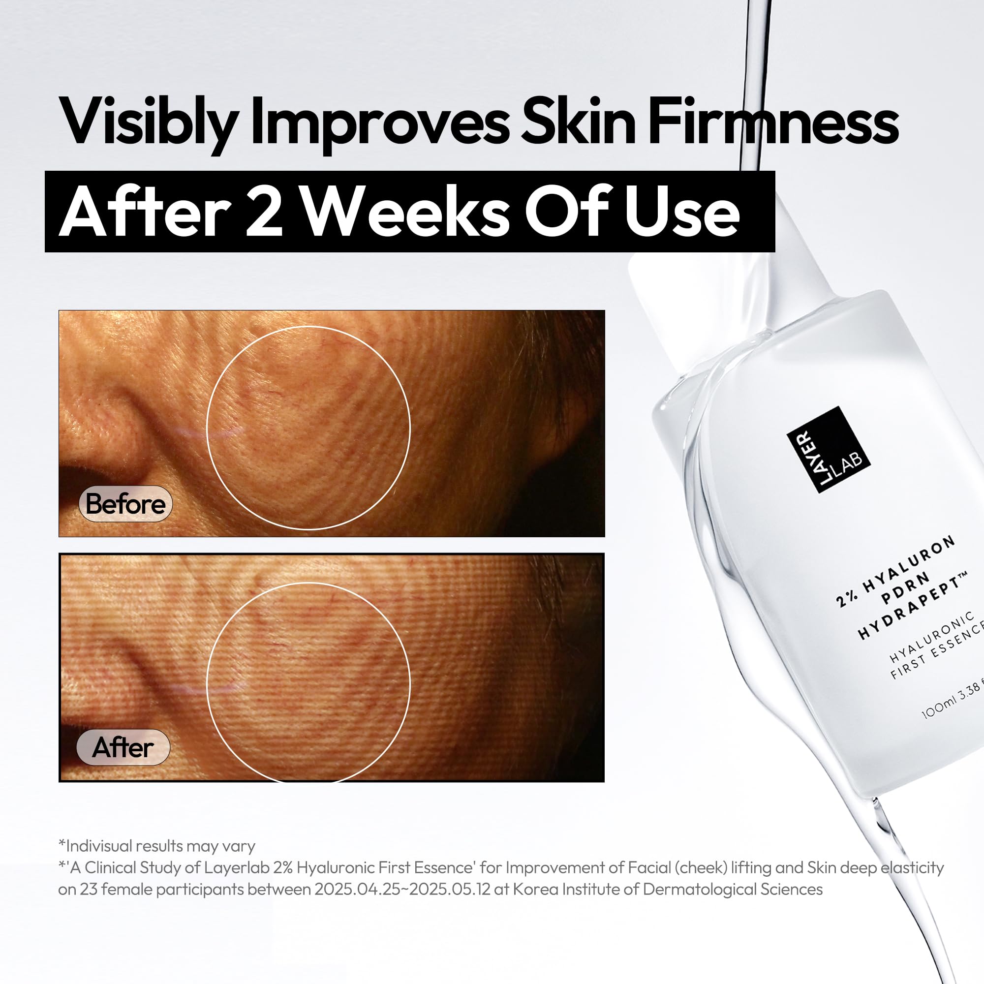 LAYERLAB Hyaluronic First Essence HydraPept complex emphasizes multi-layer hydration.