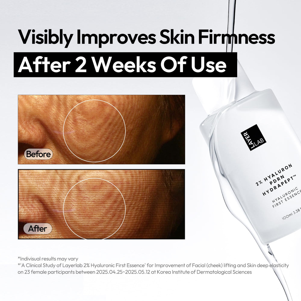 LAYERLAB Hyaluronic First Essence HydraPept complex emphasizes multi-layer hydration.