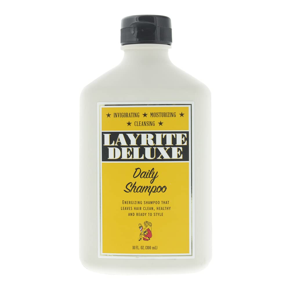 Layrite Daily Shampoo bottle pouring for clean, easy styling.