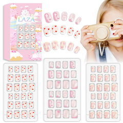 Laza 72pcs kids press-on nails with red-pink heart flower design for short nails