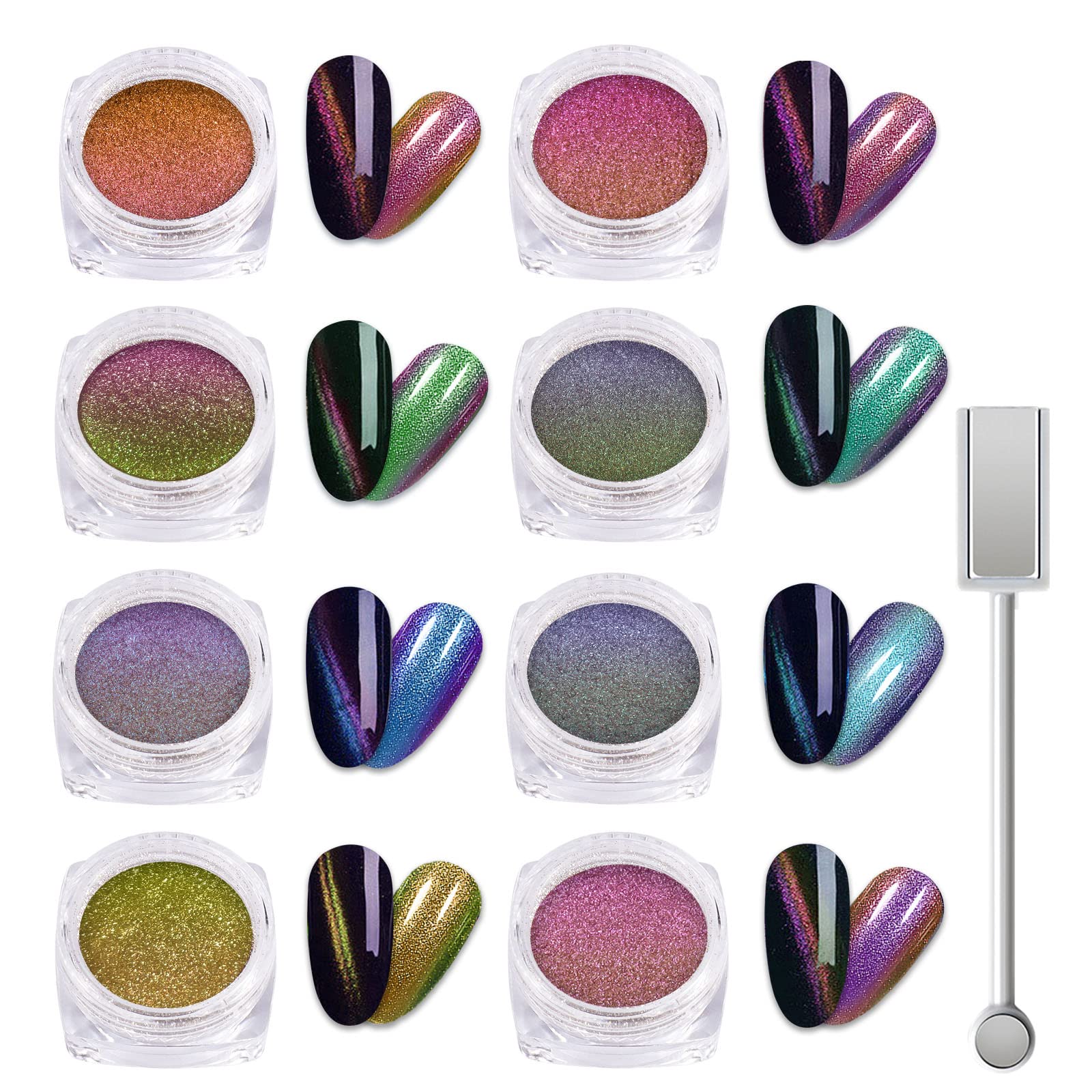 Laza cat eye powder eight-color collection showing shifting shimmer for unique nail art