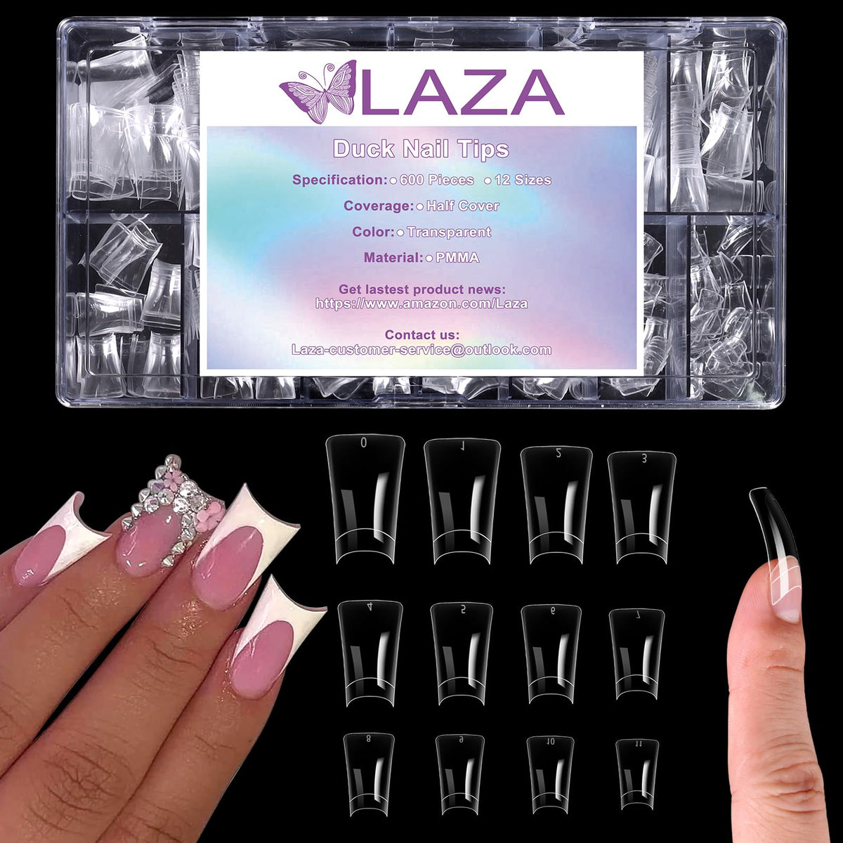 Laza duck nail tips box 600pcs in 12 sizes for easy storage.