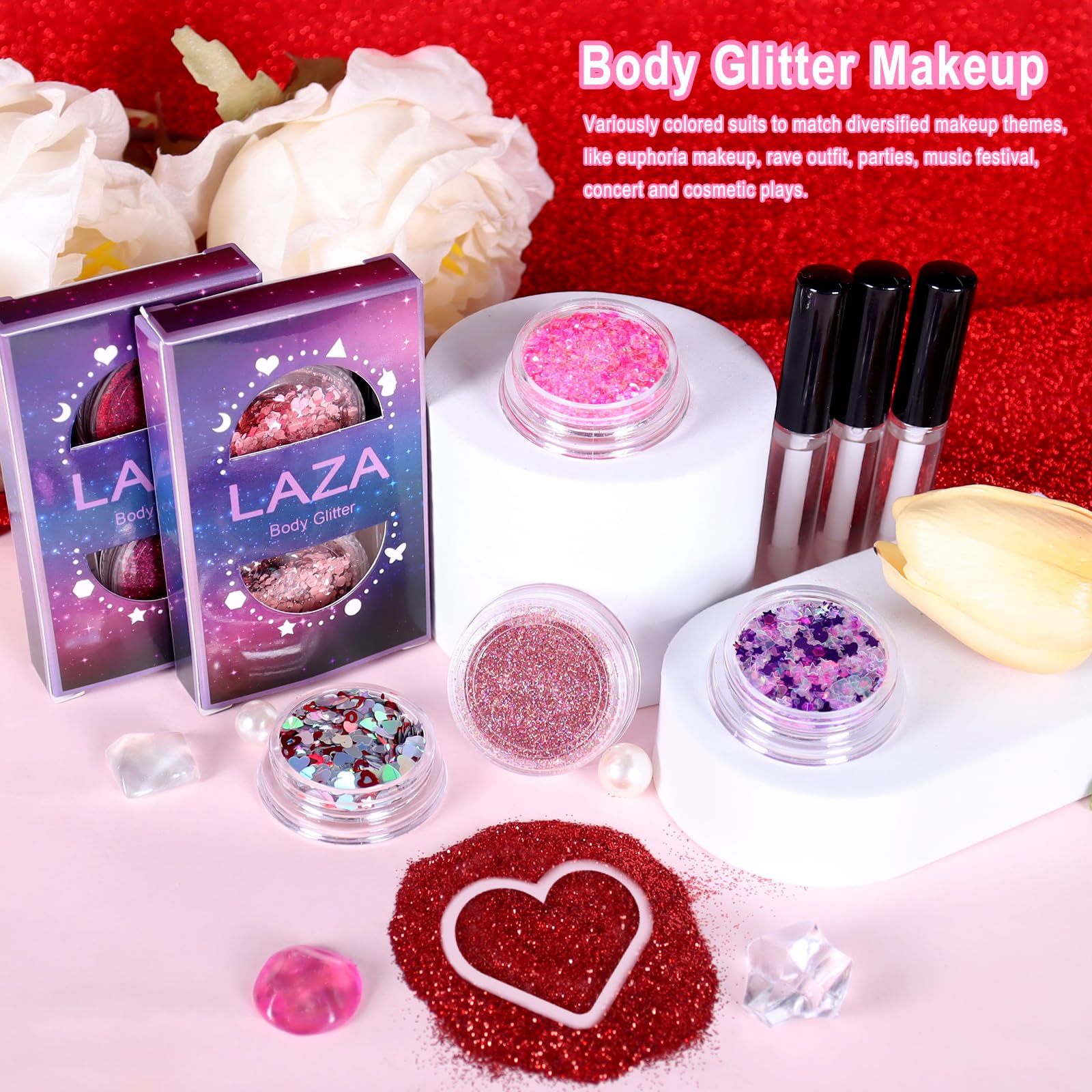Laza euphoria festival glitter, bright hues ideal for concert outfits and rave styling.