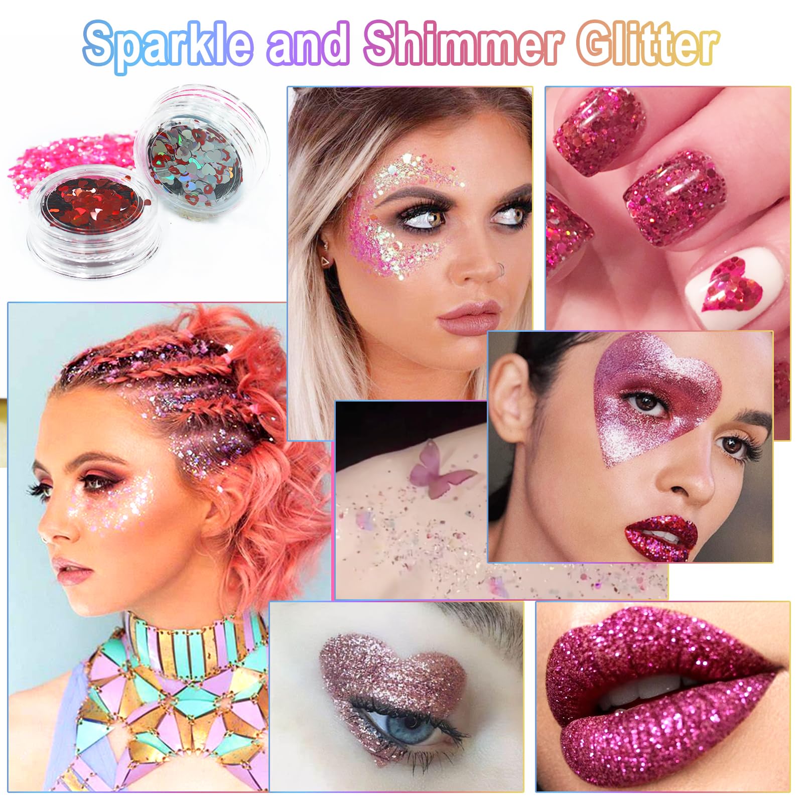 Laza face and body glitter use, perfect for glitter makeup and festival looks.