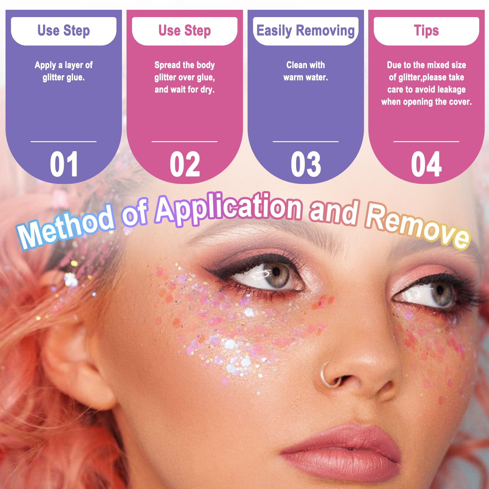 Laza heart glitter closeup, multi-size shapes for versatile face and body artwork.