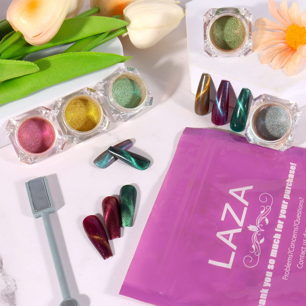 Laza packaging shows eight powders and magnetic stick for versatile nail art