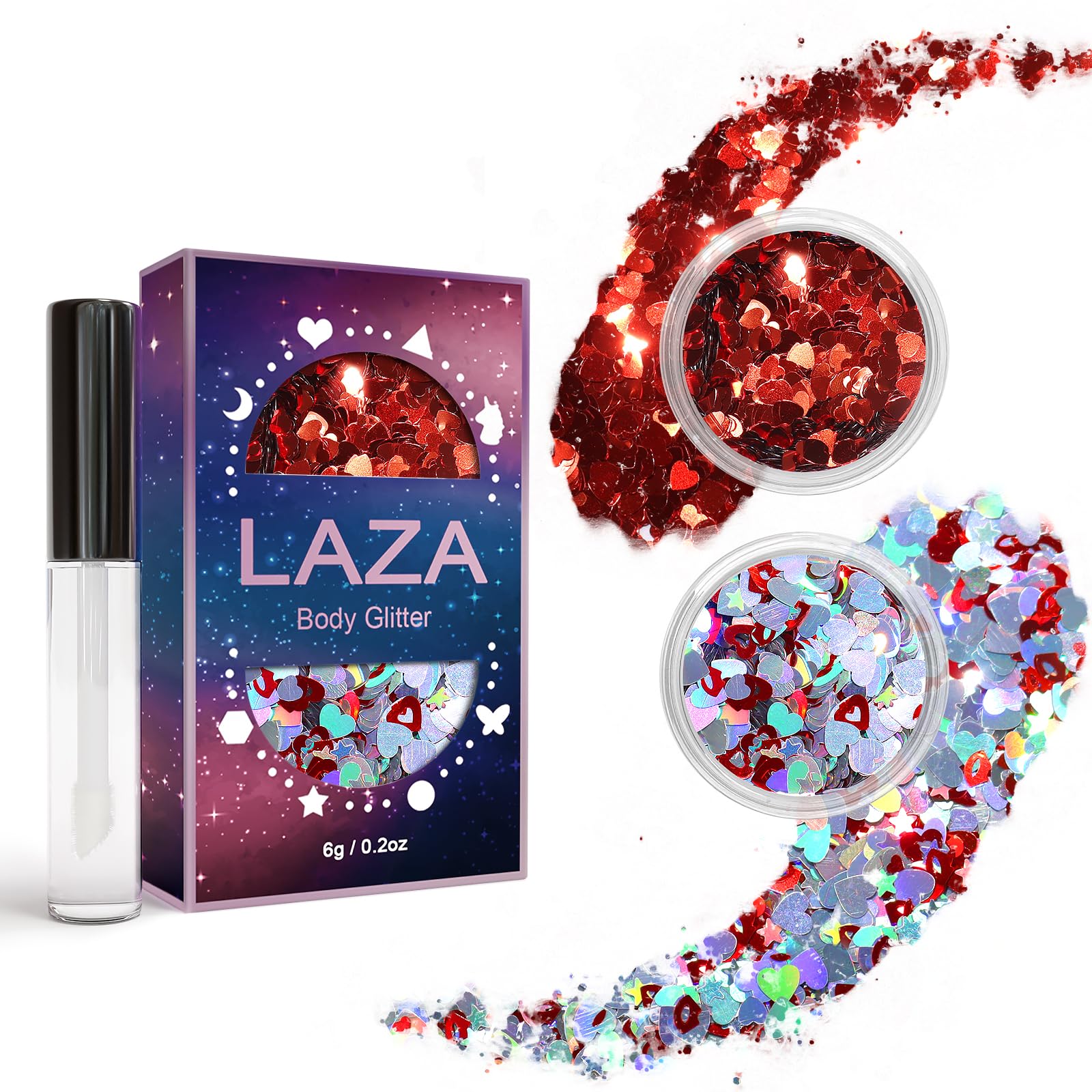 Laza Valentines glitter jar 1, vibrant heart glitter for festive makeup and outfits.