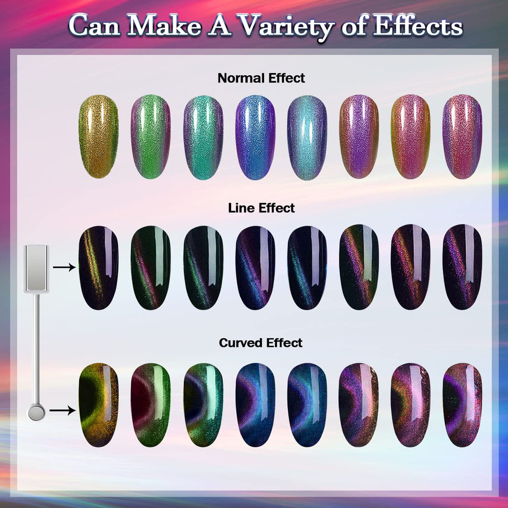 Laza cat eye powder close-up highlights multi-light chameleon reflections on nails
