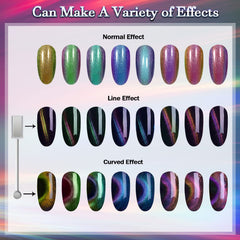 Laza cat eye powder close-up highlights multi-light chameleon reflections on nails