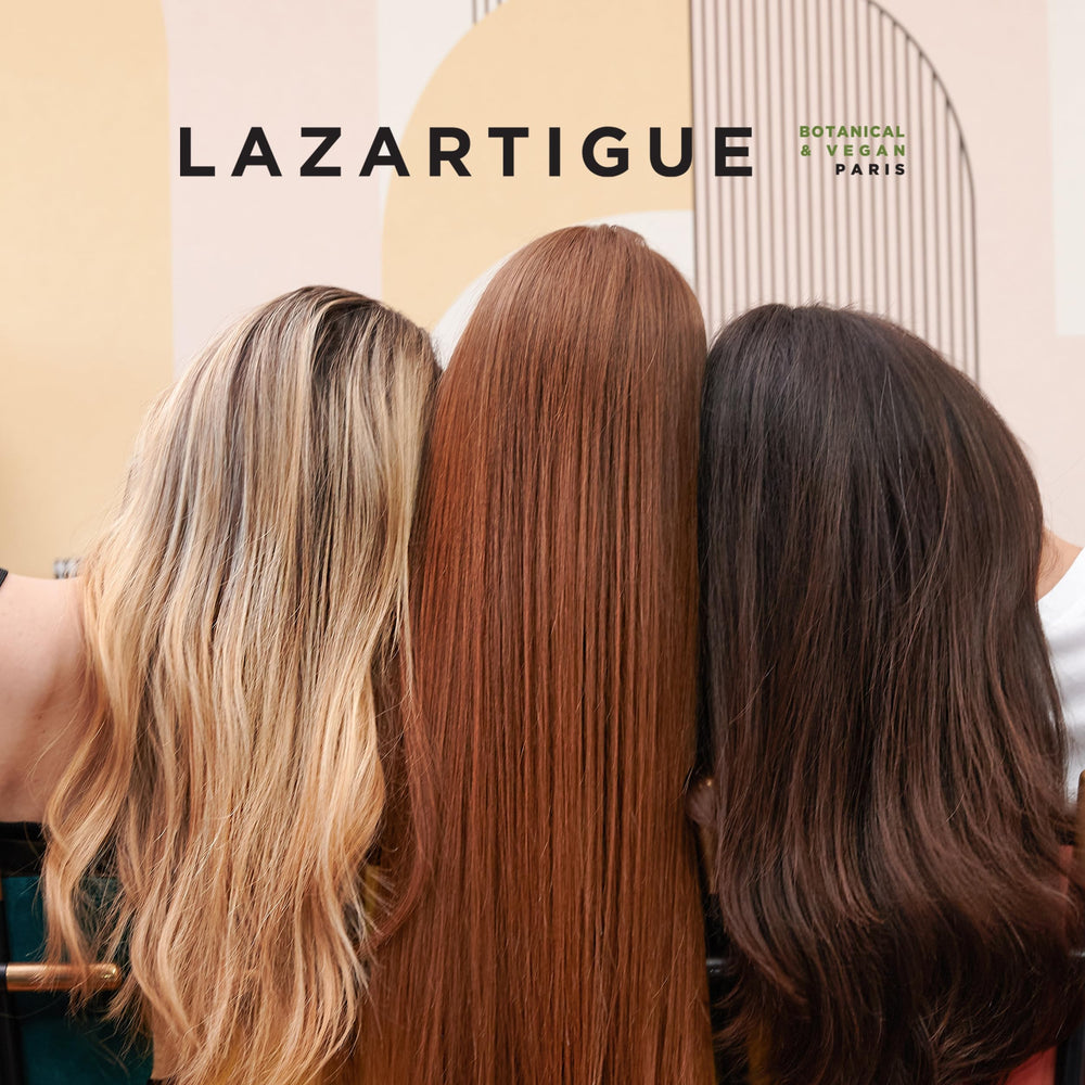 Lazartigue Fuller Hair Serum swatch showing light-reflecting shine on hair.