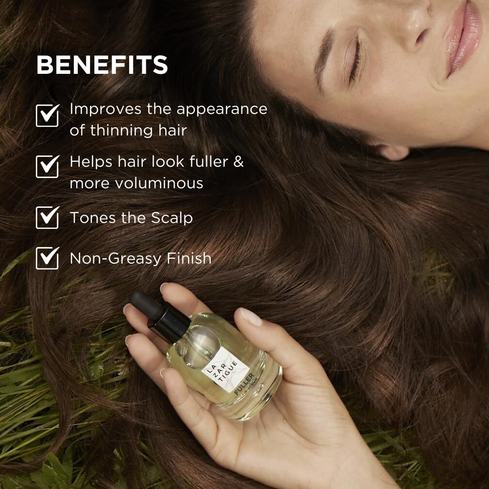 Lazartigue Fuller Hair Serum texture close-up showing gel-like finish for non-greasy look.
