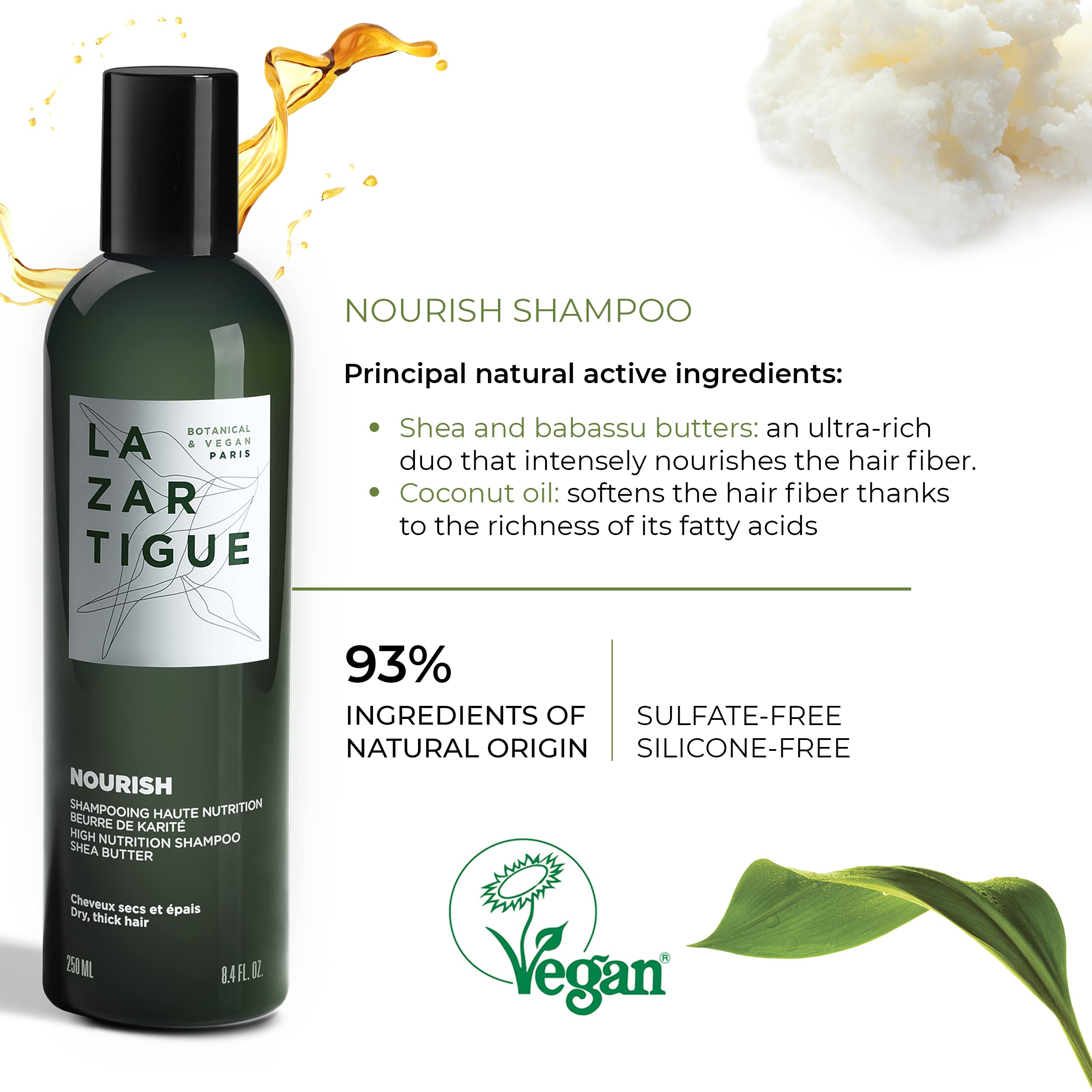 Lazartigue Nourish Shampoo high lipid content shot, targets dryness in thick hair without stripping oils.