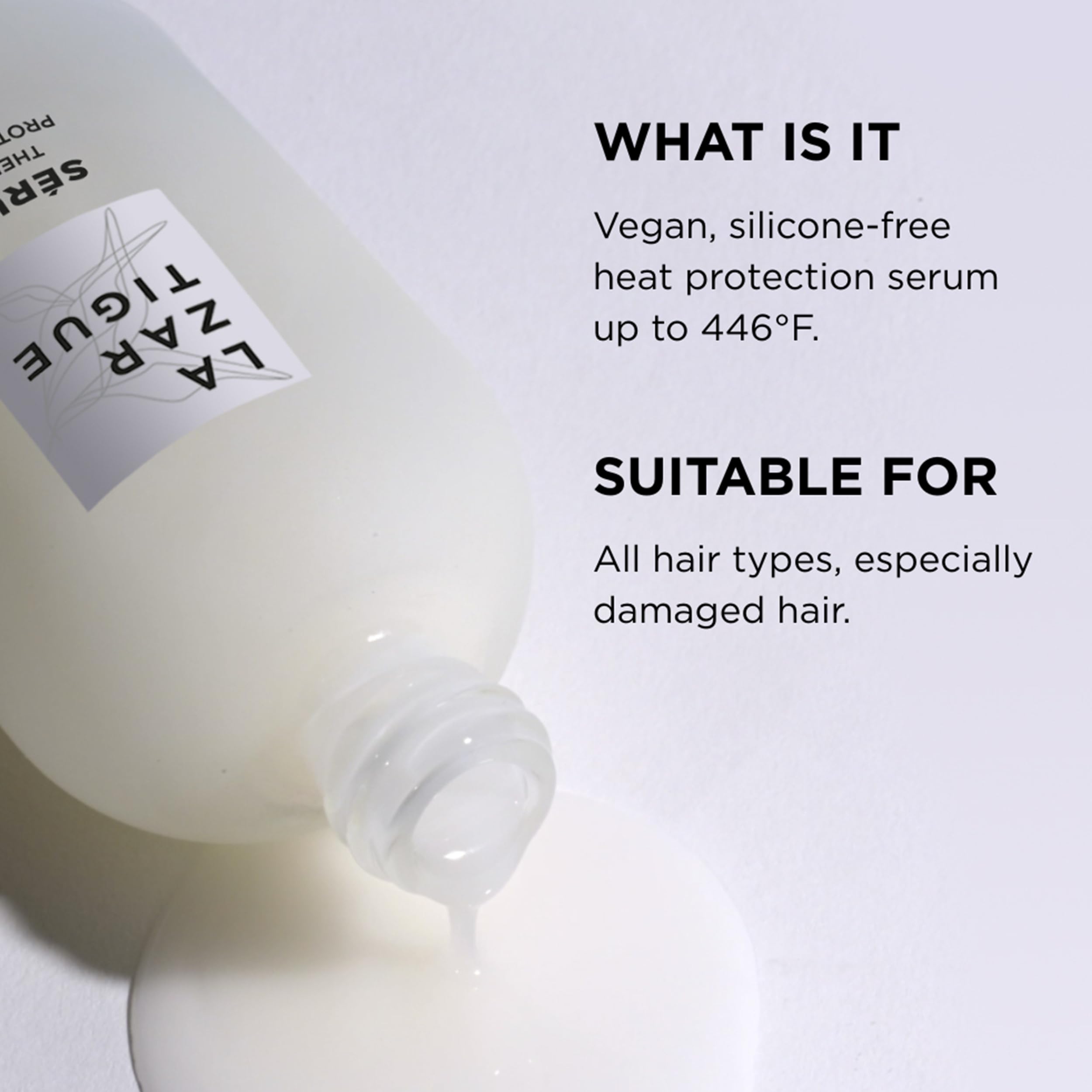 Serum texture melts into hair for quick protection.