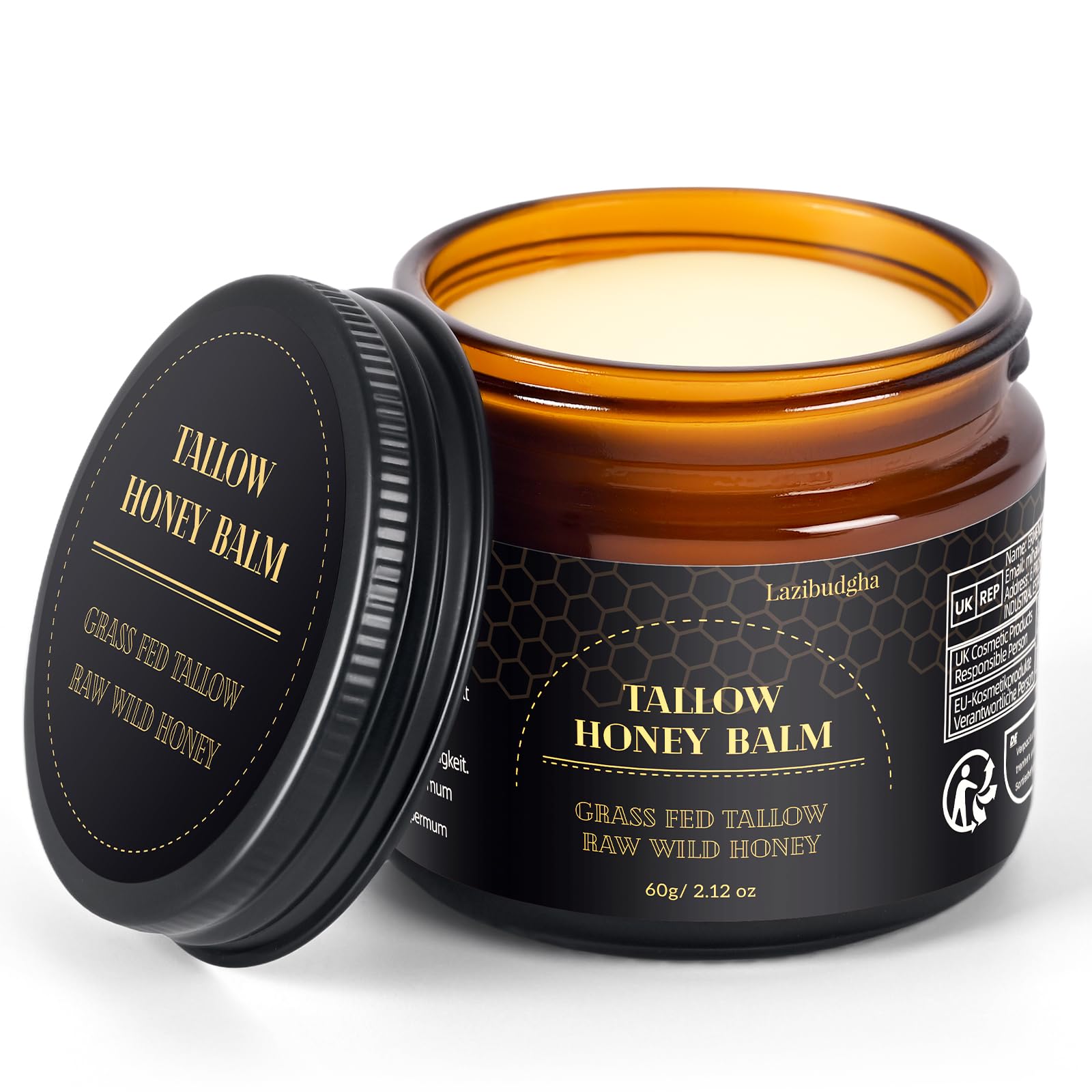 Lazibudgha Beef Tallow Honey Balm jar for deep skin hydration.