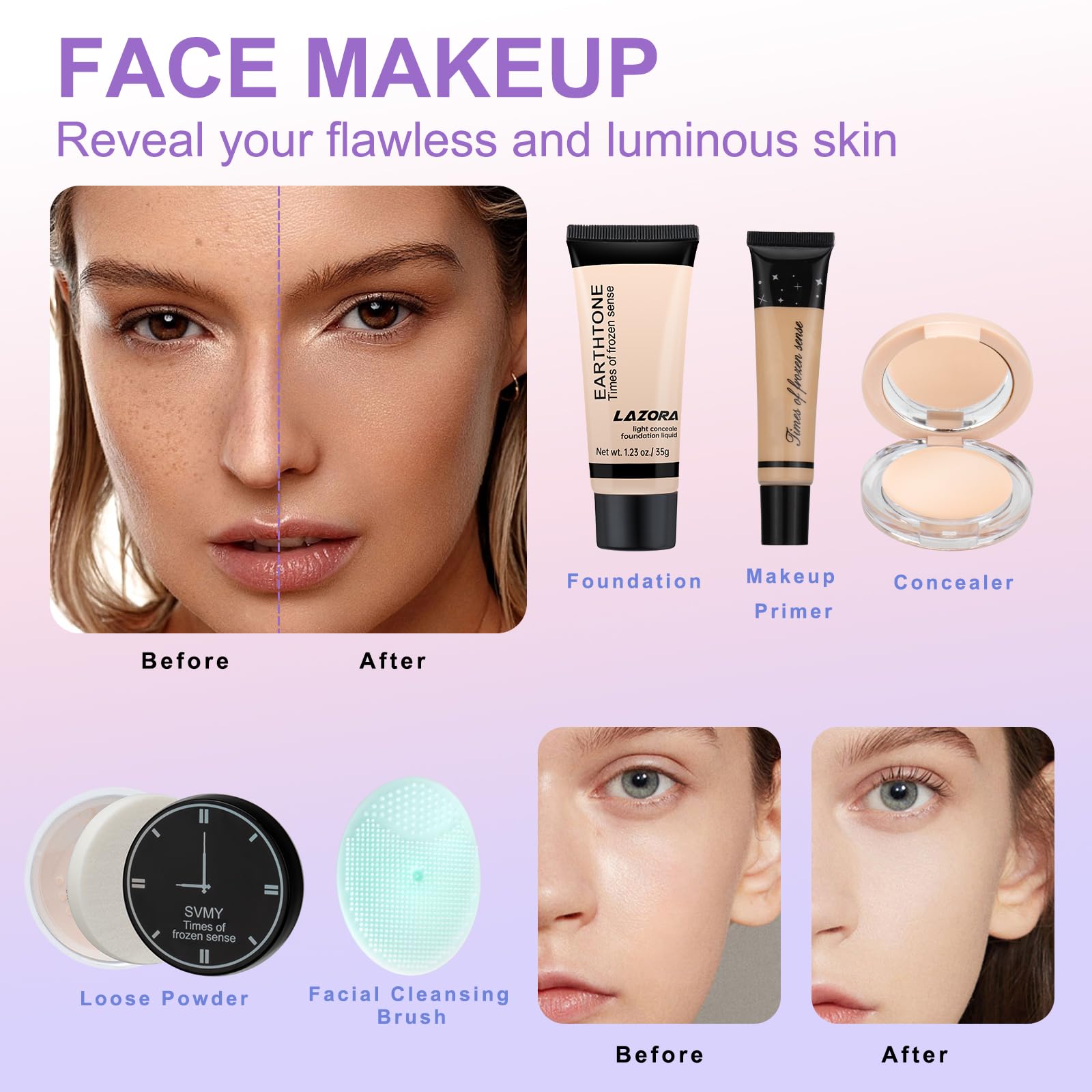 LAZORA foundation and loose powder deliver a smooth, long-lasting finish.