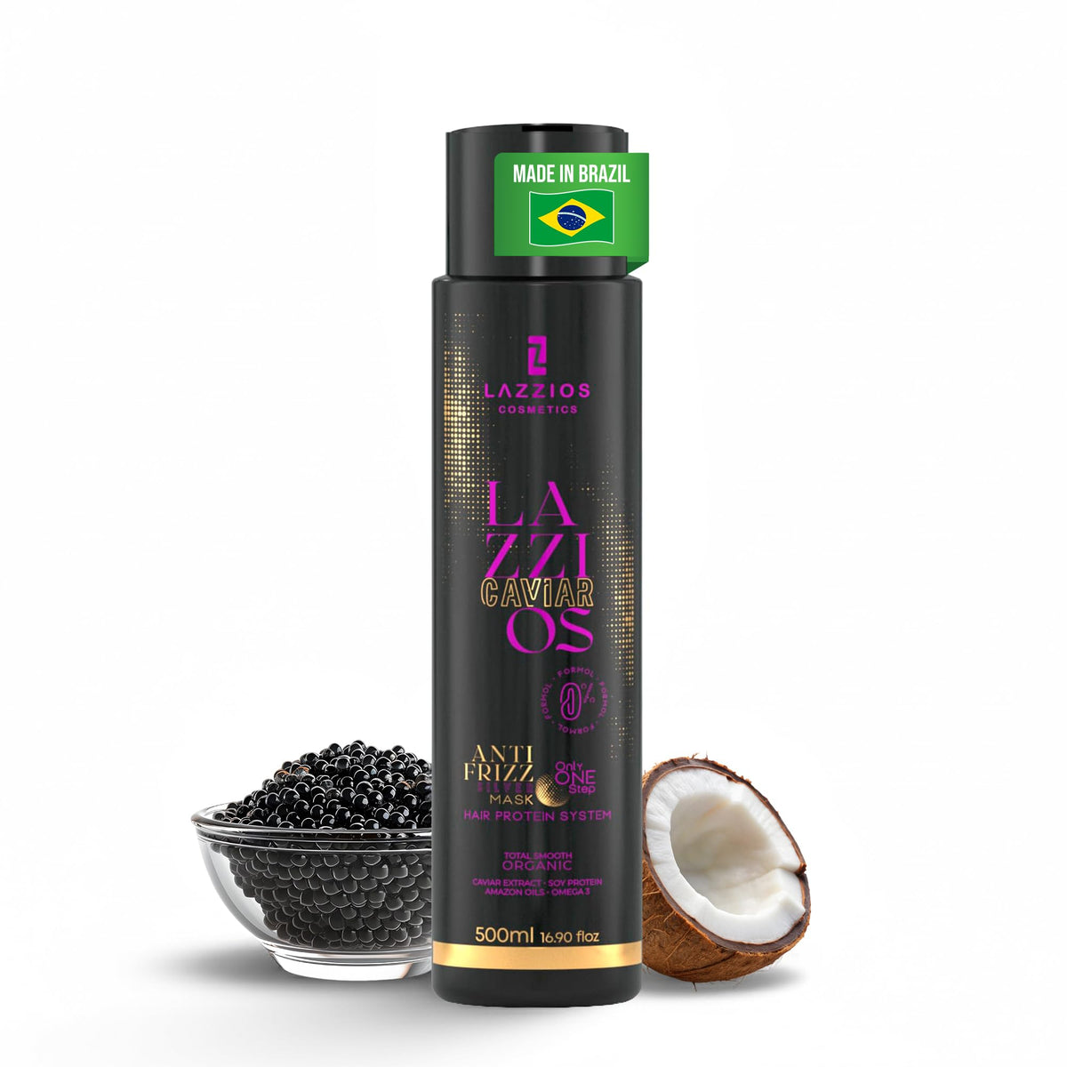 Lazzios Caviar Organic Hair Protein bottle showing premium smoothing formula for salons