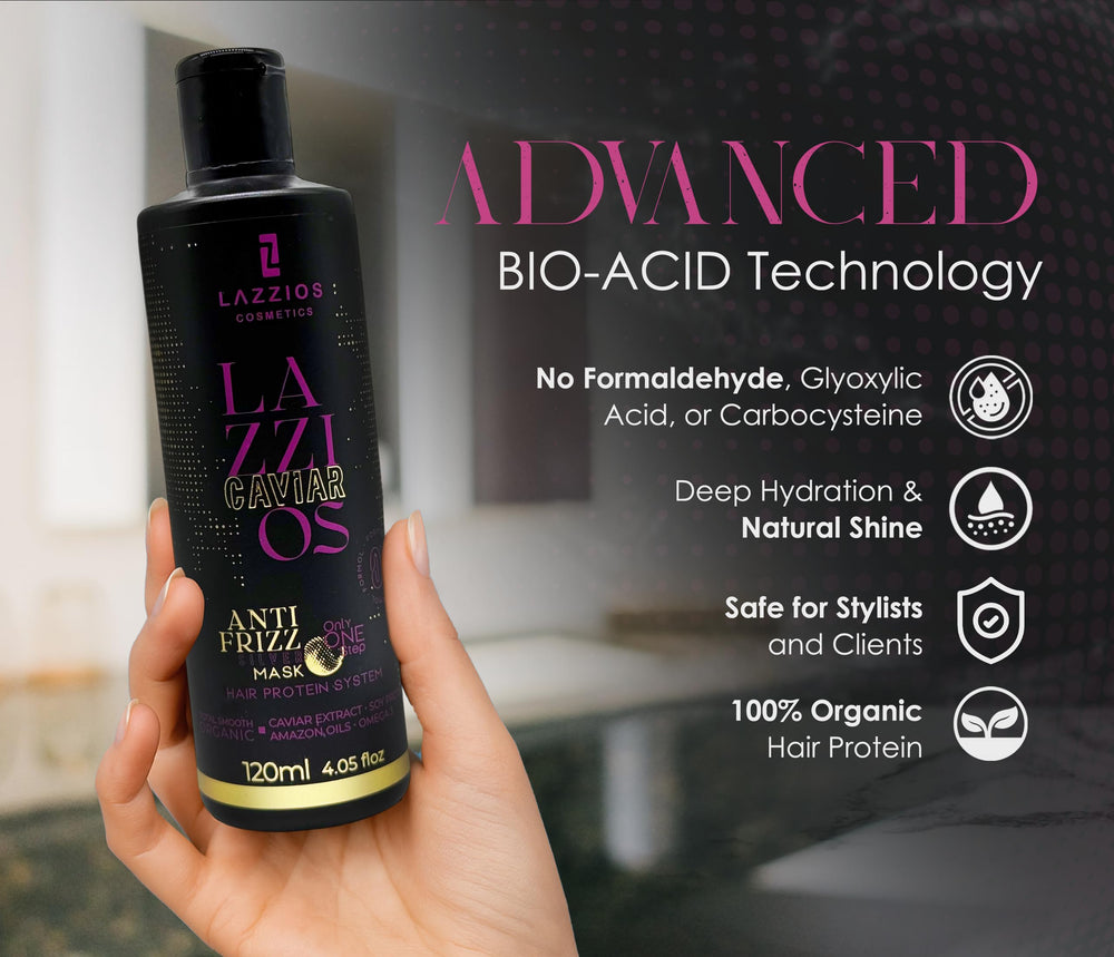 Lazzios Caviar Organic Hair Protein label close-up emphasizing healthful benefits.