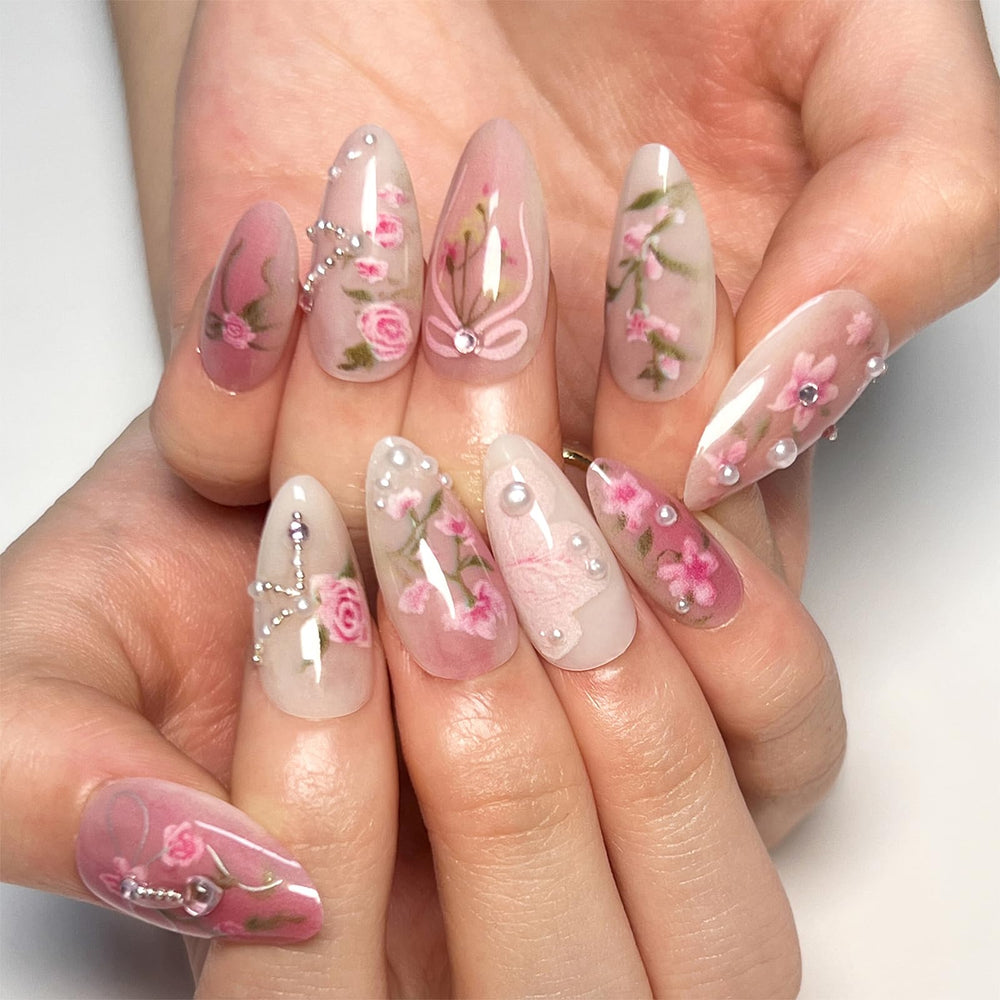 LBPEPAMZ nails feature 3D pearl and diamond accents for special occasions