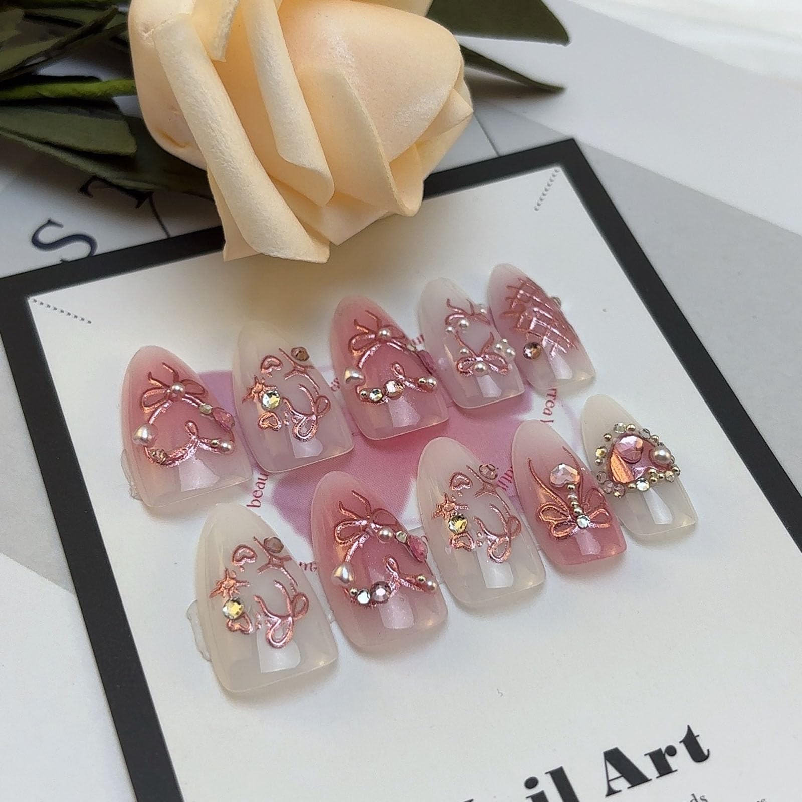 LBPEPAMZ medium almond nails with white gradient bow for elegant look