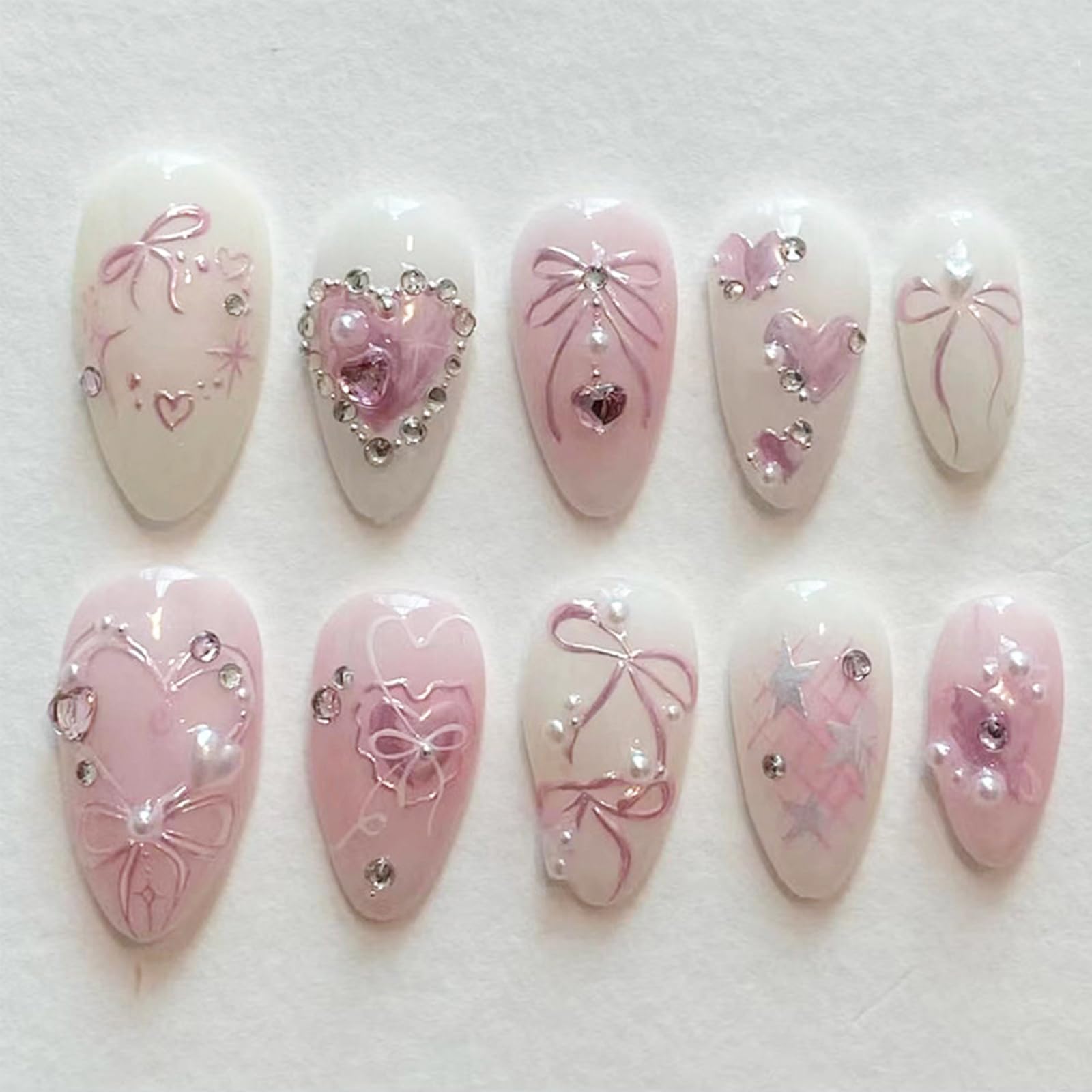 LBPEPAMZ pink press‑on nails with heart, pearl rhinestones for glam styles