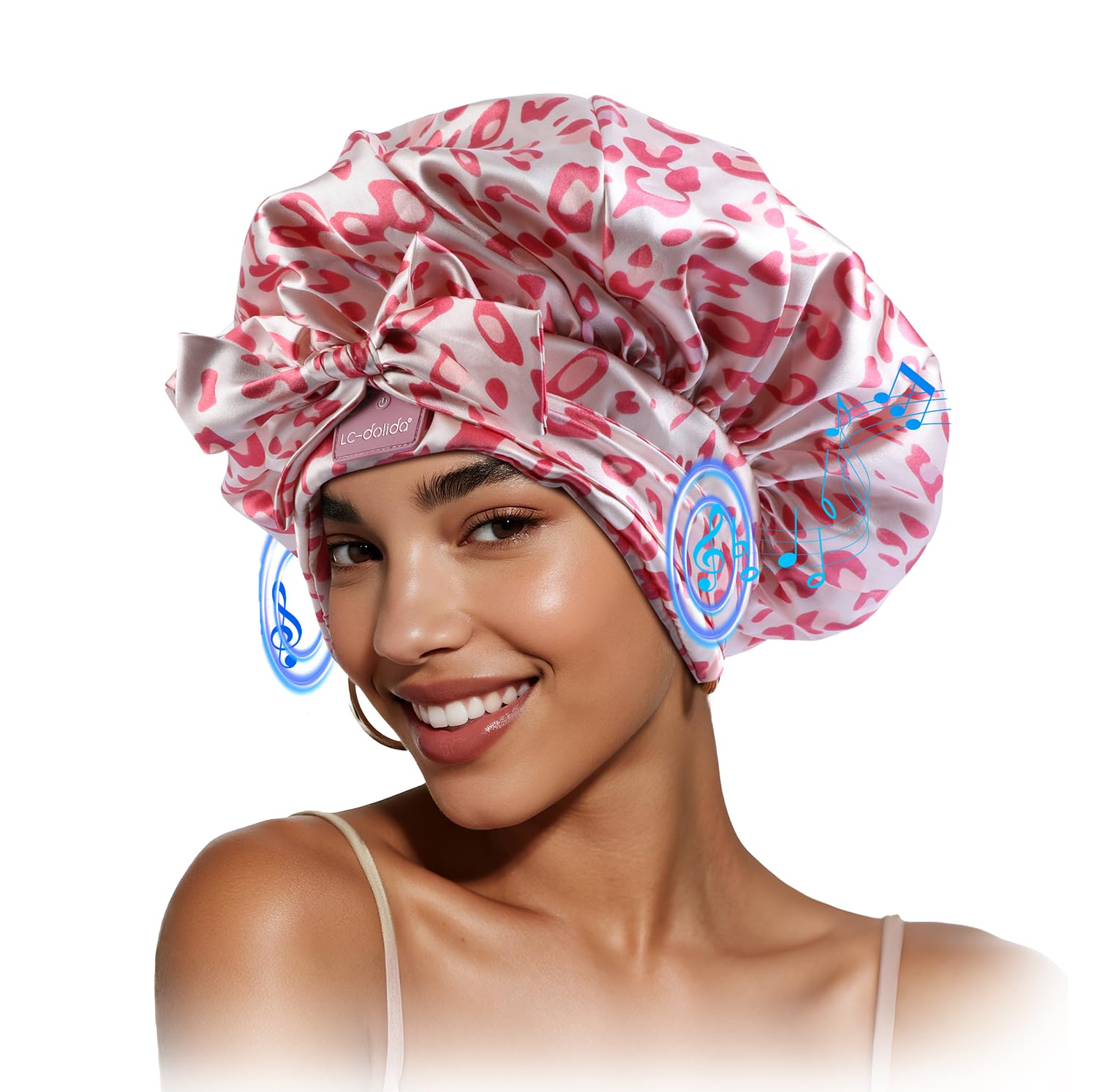 LC-dolida Bluetooth silk bonnet on head for restful sleep and music.