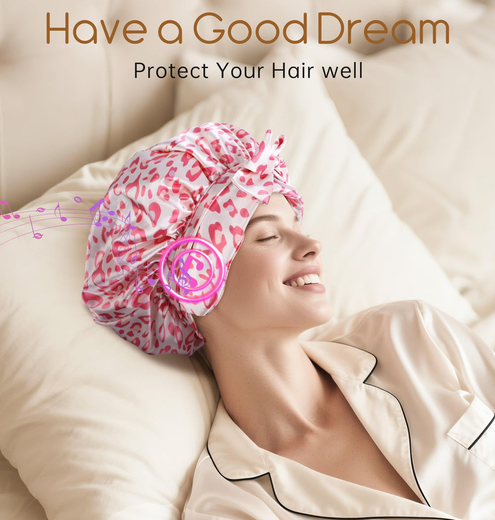 LC-dolida satin bonnet with elastic band for a snug, gentle fit.
