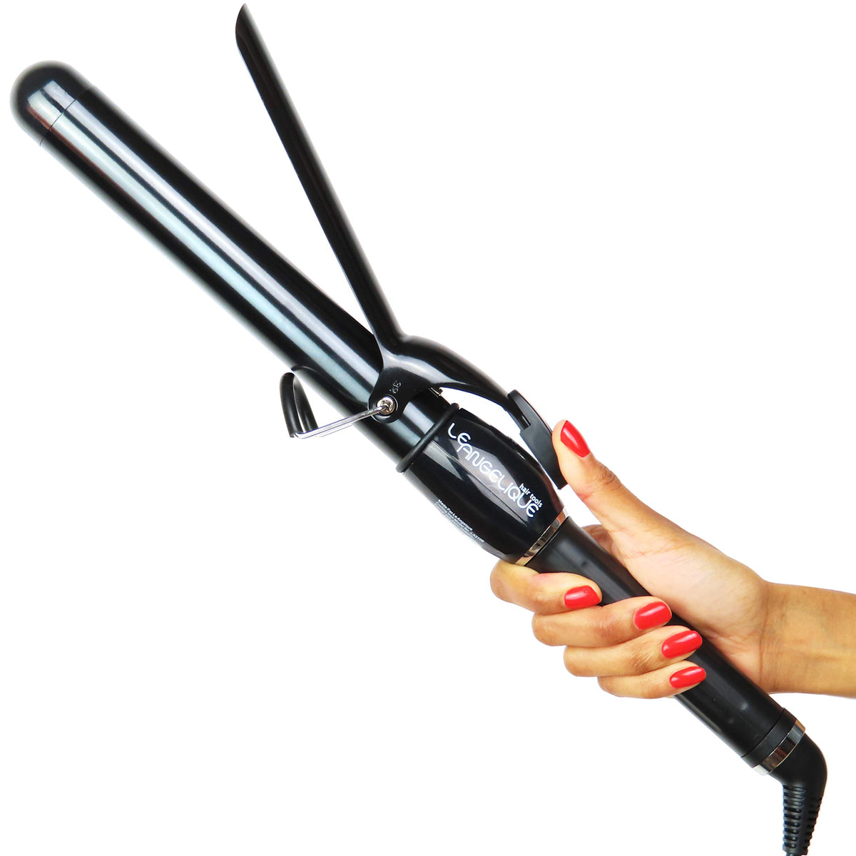Le Angelique curling iron barrel close-up; ceramic heat delivers smooth finish.