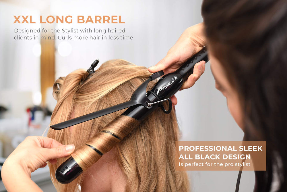 Le Angelique curling iron clip in use highlights easy sections and secure styling.