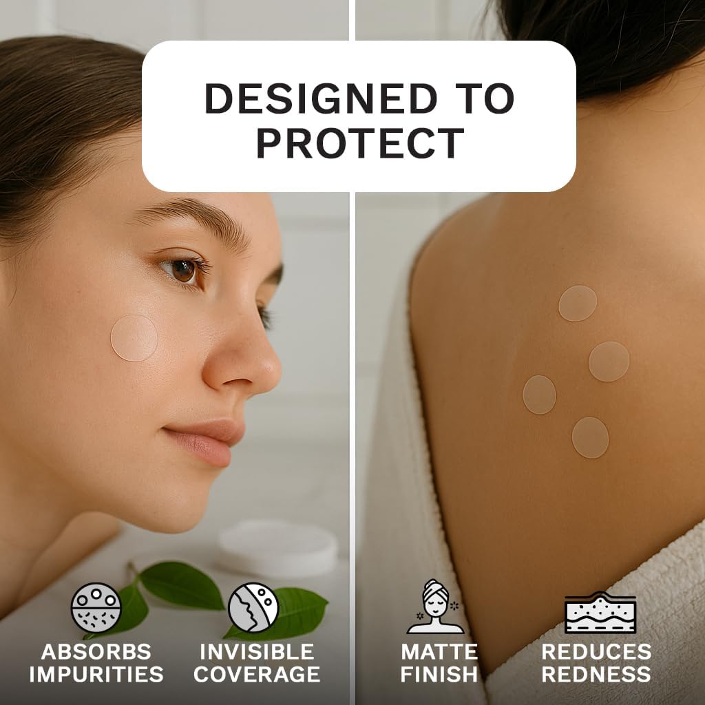 LE GUSHE face closeup with patches applied, discreet blemish support