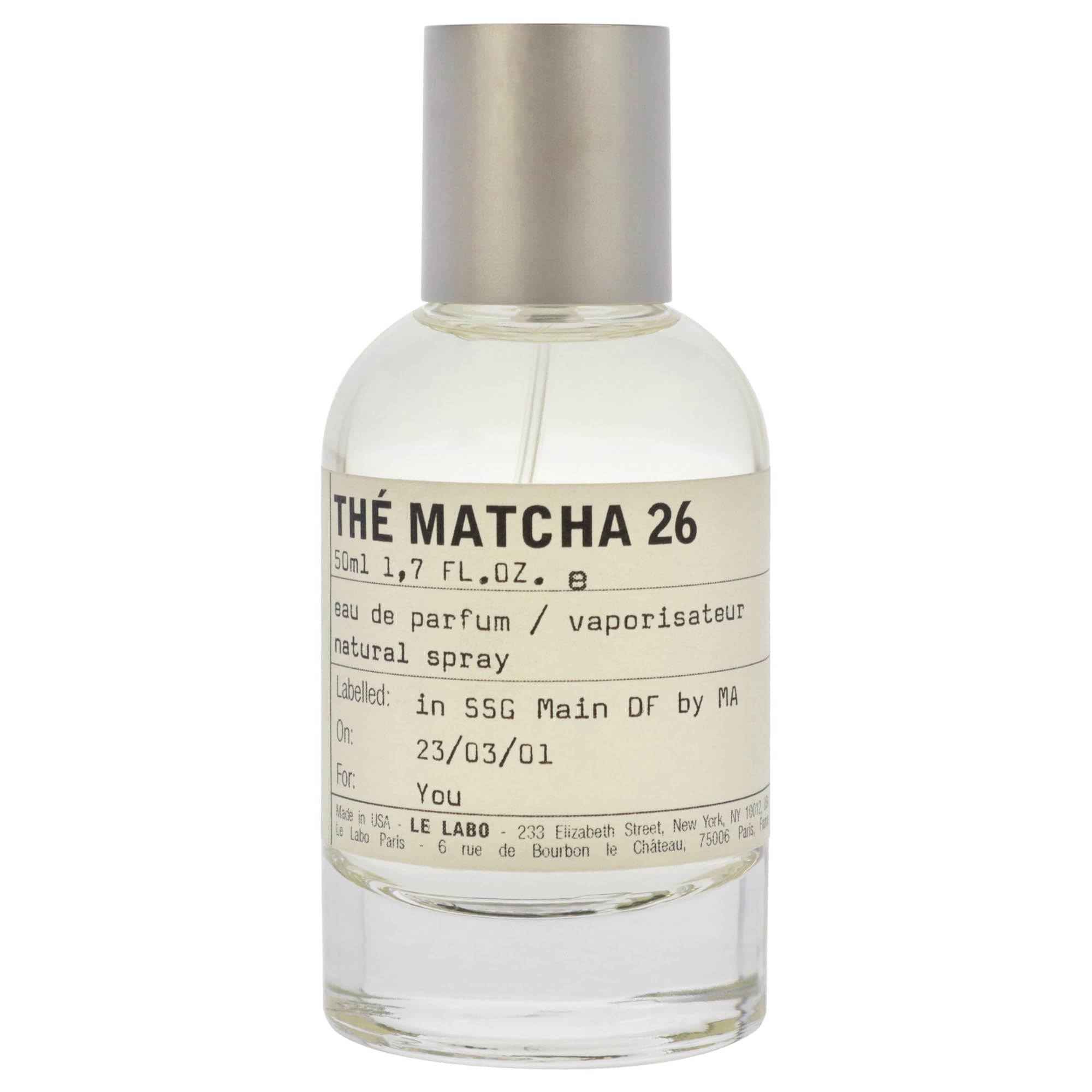 Le Labo The Matcha 26 spray nozzle closeup highlighting long-lasting fragrance potential.