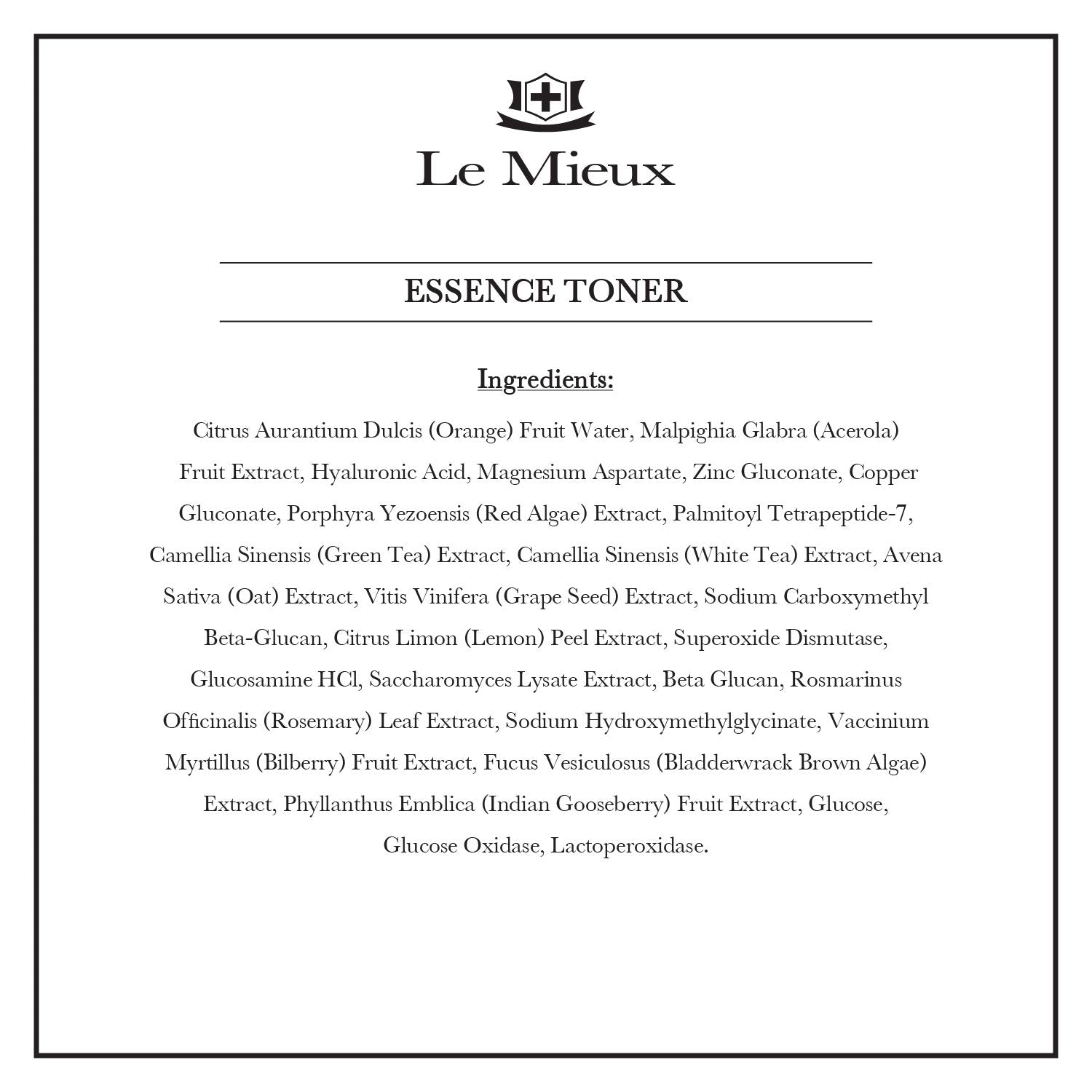Le Mieux Essence Toner label close-up showing peptides and marine algae ingredients.