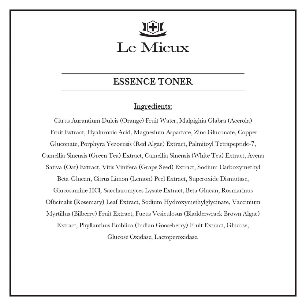 Le Mieux Essence Toner label close-up showing peptides and marine algae ingredients.