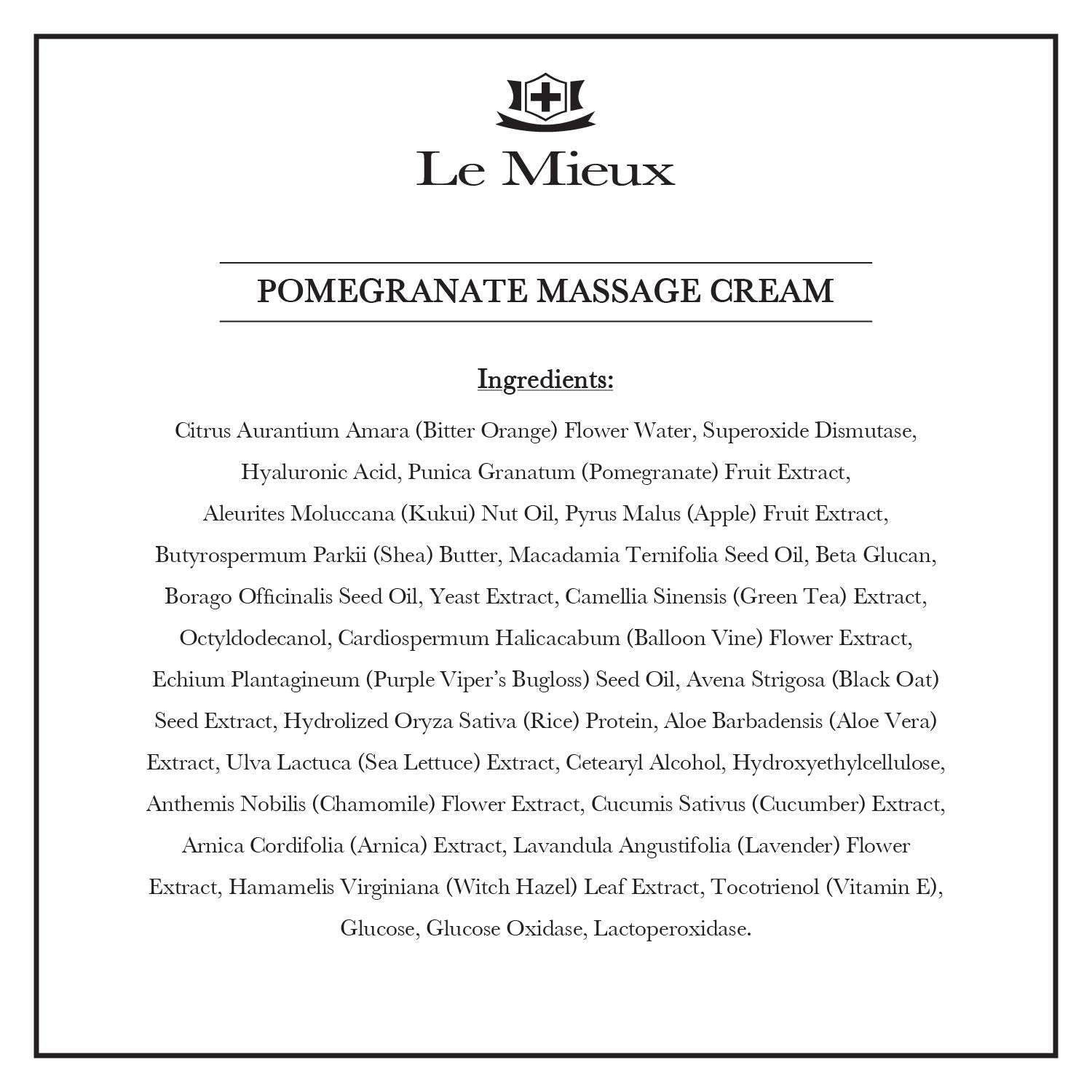 Le Mieux Pomegranate Massage Cream label highlights pomegranate and algae ingredients for antioxidant support.