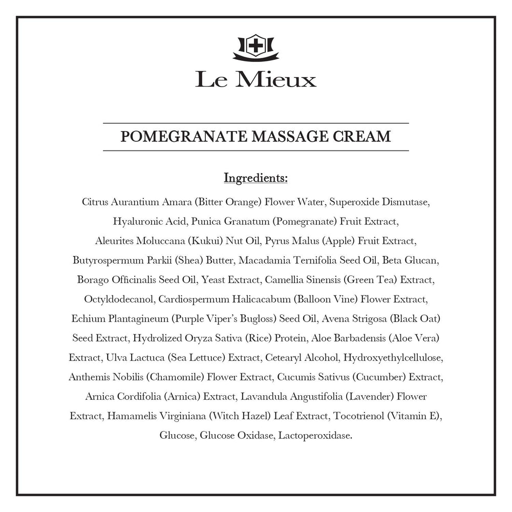 Le Mieux Pomegranate Massage Cream label highlights pomegranate and algae ingredients for antioxidant support.