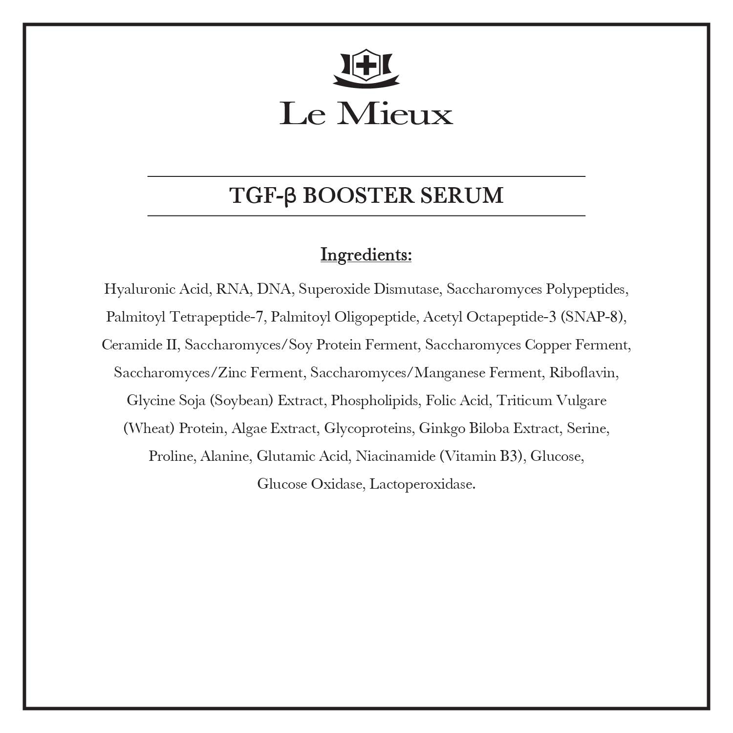 Le Mieux TGF-B Booster algae-extract detail suggests antioxidant-rich formula.