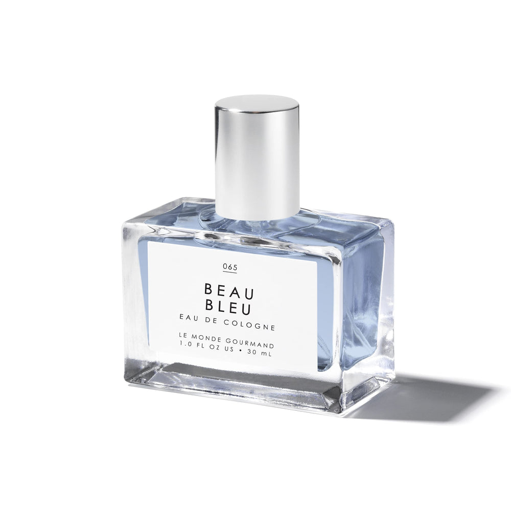 Beau Bleu bottle front view highlighting unisex woody citrus profile