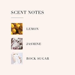 Close-up of fragrance notes showing lemon, jasmine, and rock sugar.