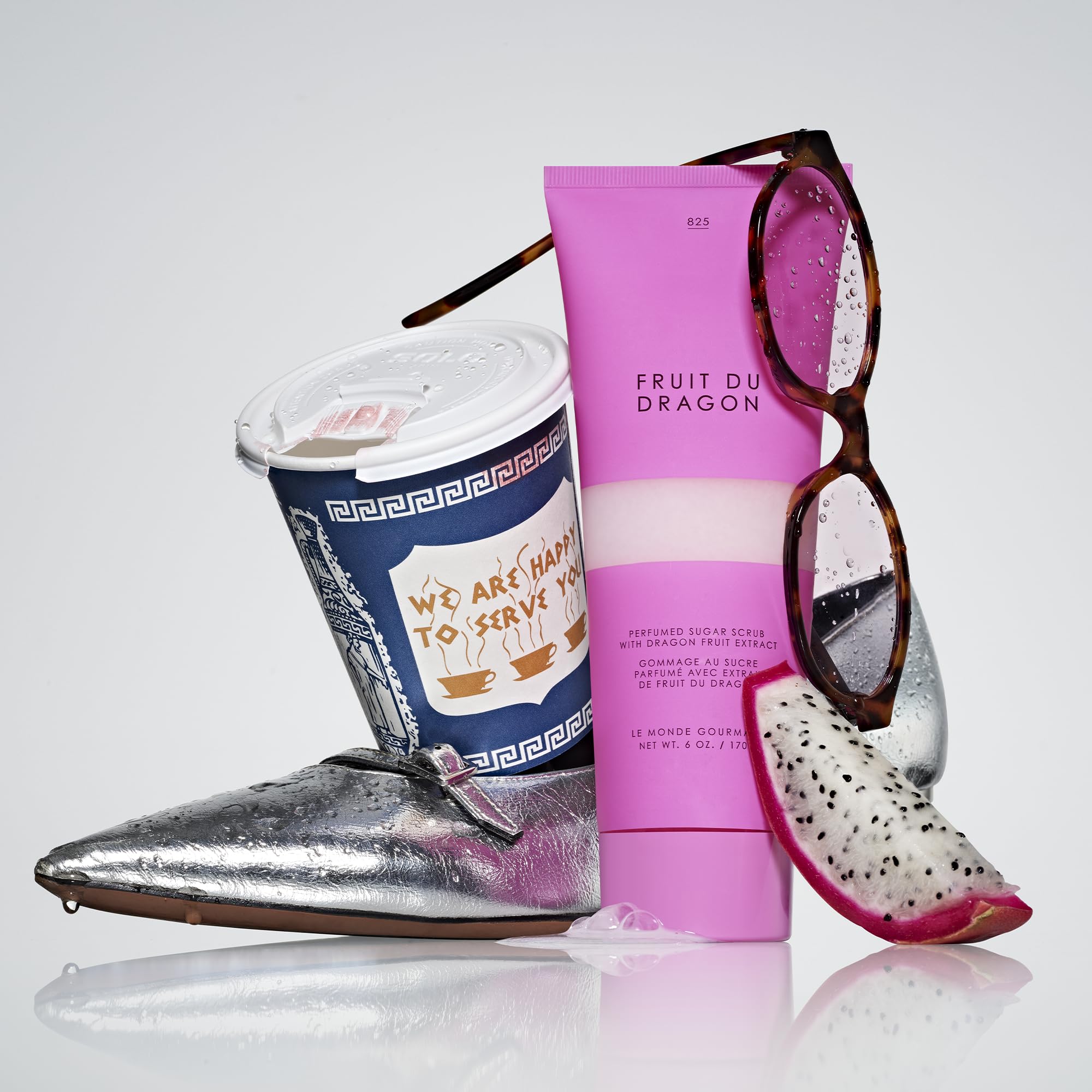 Le Monde Gourmand Fruit du Dragon scrub scoop application demonstrates gentle exfoliation