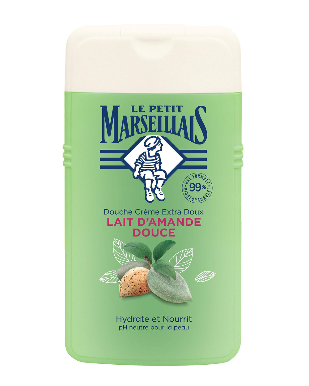 Le Petit Marseillais almond shower gel bottle close-up for gentle cleansing.