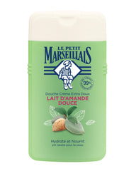 Le Petit Marseillais almond shower gel bottle close-up for gentle cleansing.