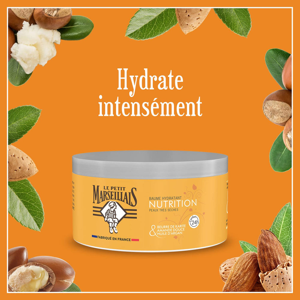 Le Petit Marseillais Nutrition Balm ingredients: shea, almond, argan in elegant setup.