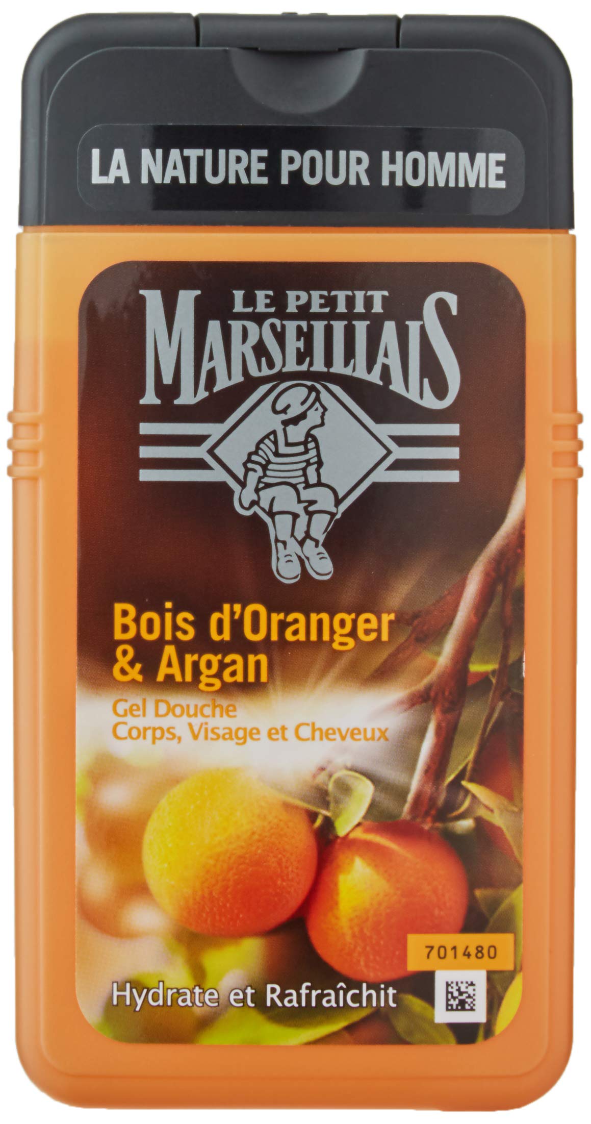 Le Petit Marseillais Orangewood and Argan Shower Gel bottle highlights moisturizing formula.