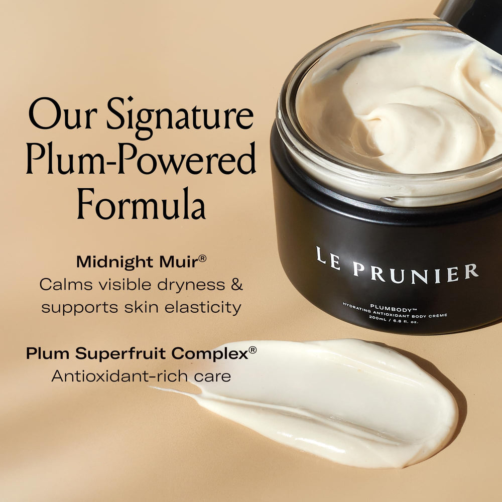 Le Prunier Plumbody lotion texture swatch invites rich, non-greasy hydration.