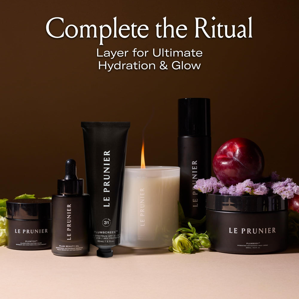 Le Prunier Plumbody skin glow close-up suggests radiant, youthful-looking skin.