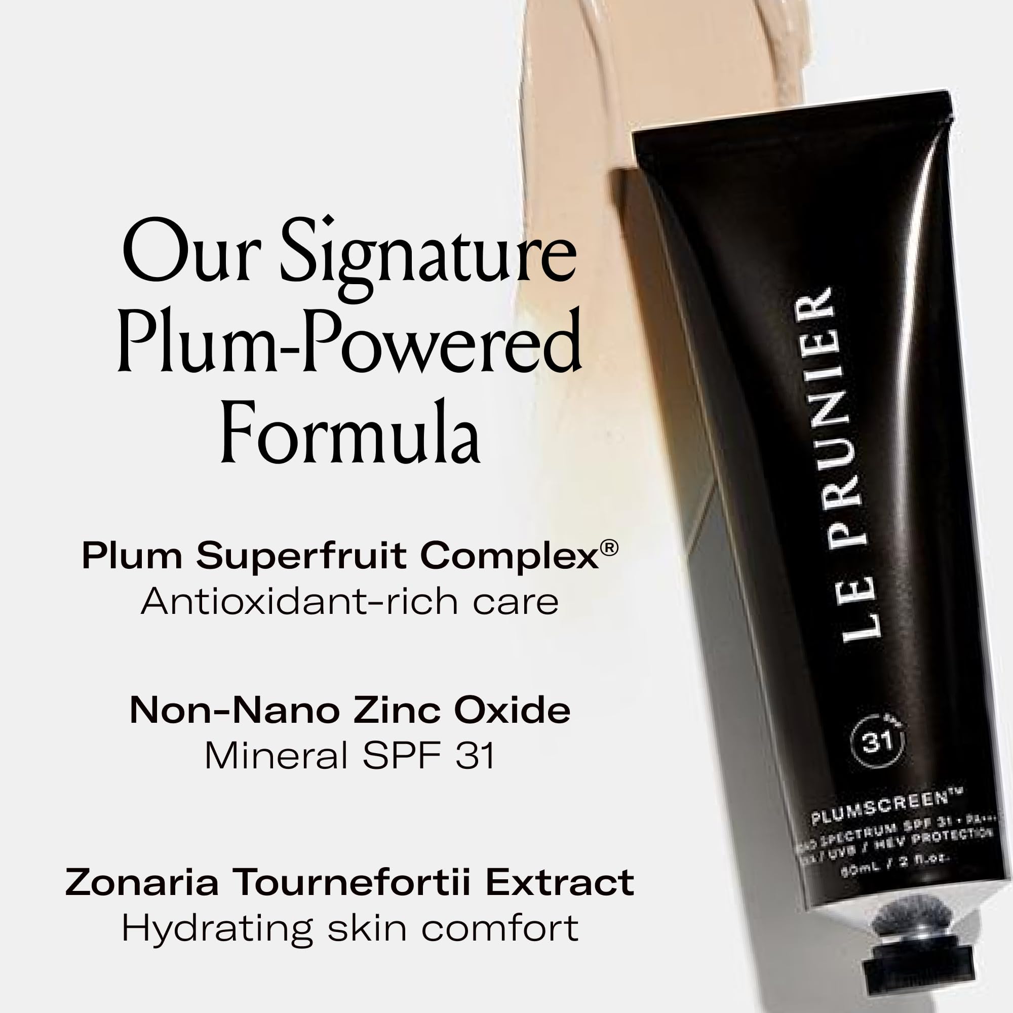 Le Prunier Plumscreen reef-safe label communicates non-nano zinc oxide protection and eco friendliness.