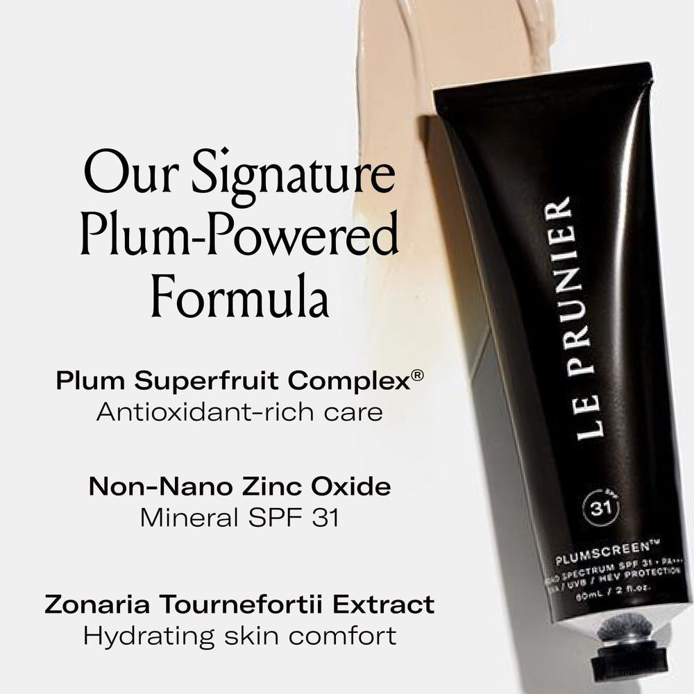 Le Prunier Plumscreen reef-safe label communicates non-nano zinc oxide protection and eco friendliness.