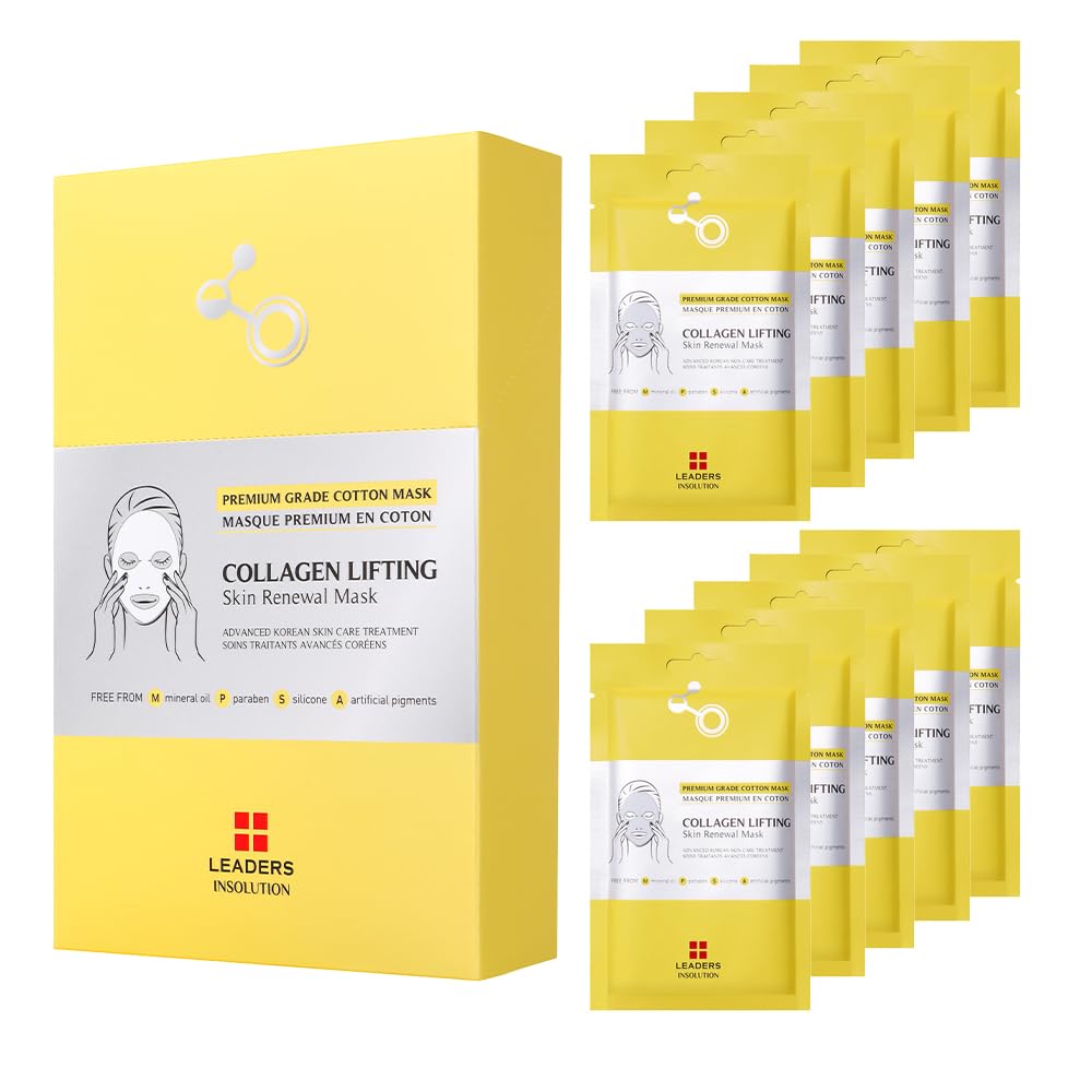 Leaders Insolution Collagen Lifting Mask packaging shows a 10-sheet set for hydration