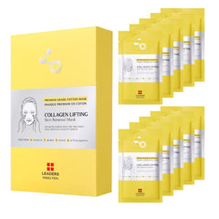 Leaders Insolution Collagen Lifting Mask packaging shows a 10-sheet set for hydration