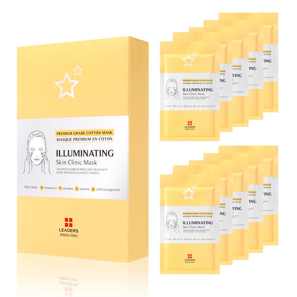 Leaders Insolution mask packaging highlighting premium cotton and omega-3 formula for radiant skin